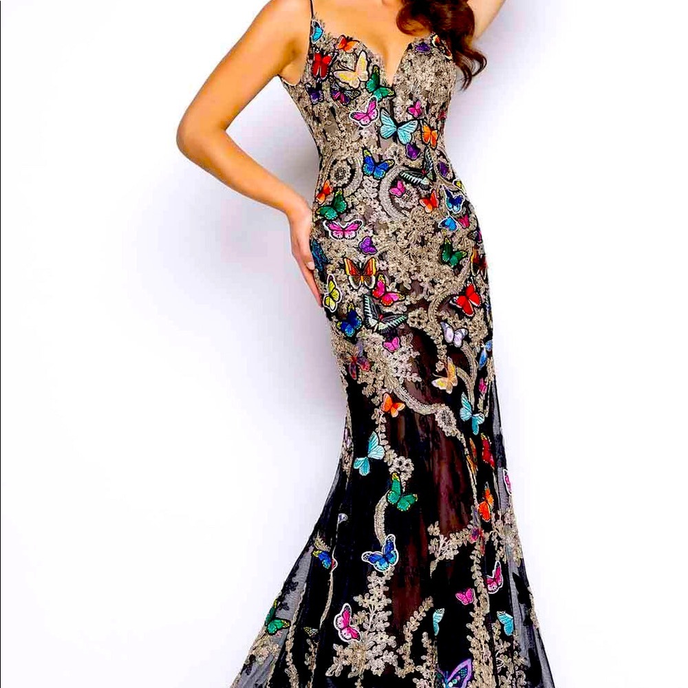 COPY - Fetching fit-and-flare gown with butterfly motif by Mac Duggal Prom